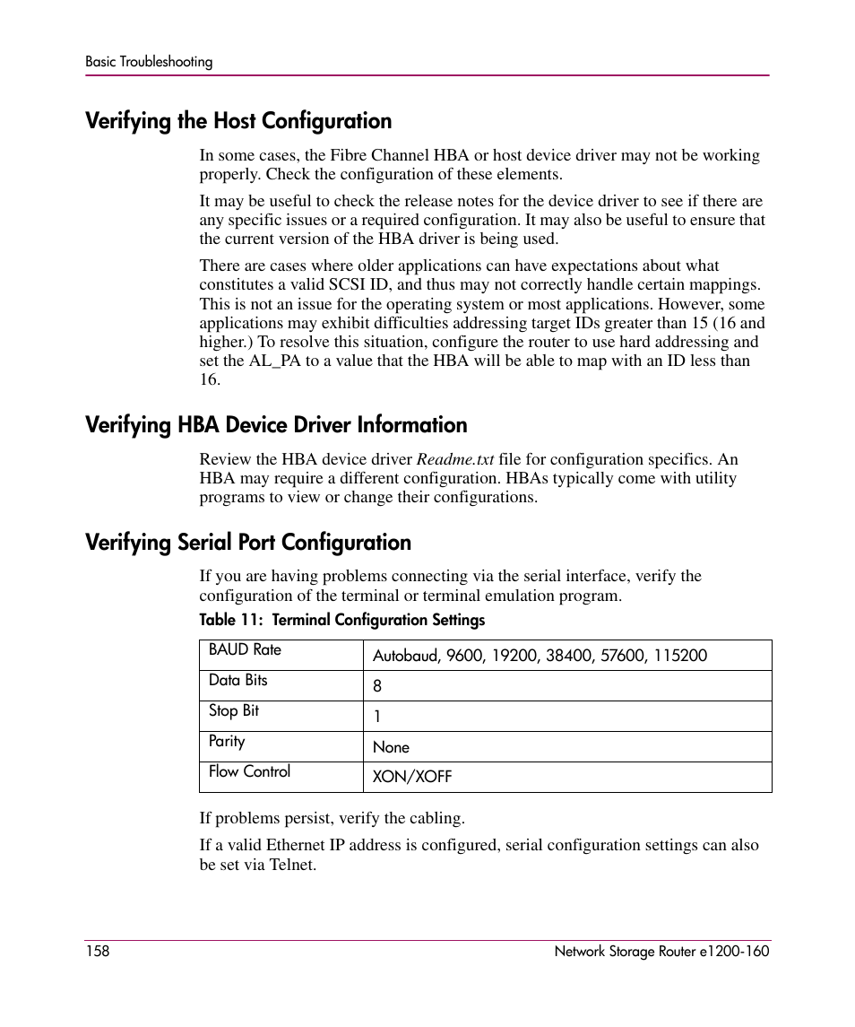 Verifying the host configuration, Verifying hba device driver information, Verifying serial port configuration | HP e1200-160 User Manual | Page 158 / 200