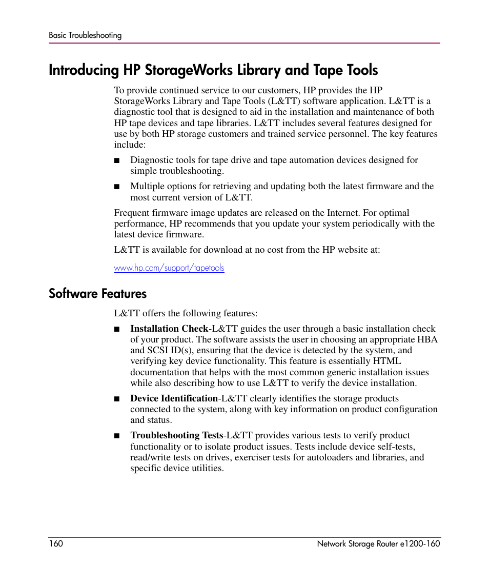 Introducing hp storageworks library and tape tools, Software features | HP e1200-160 User Manual | Page 160 / 200