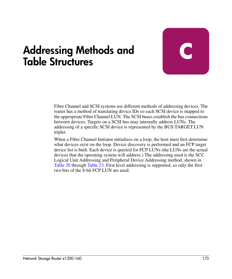 Addressing methods and table structures, C addressing methods and table structures, Mapping modes, see appendix c | Addressing, Methods and table structures, S, see appendix c | HP e1200-160 User Manual | Page 173 / 200