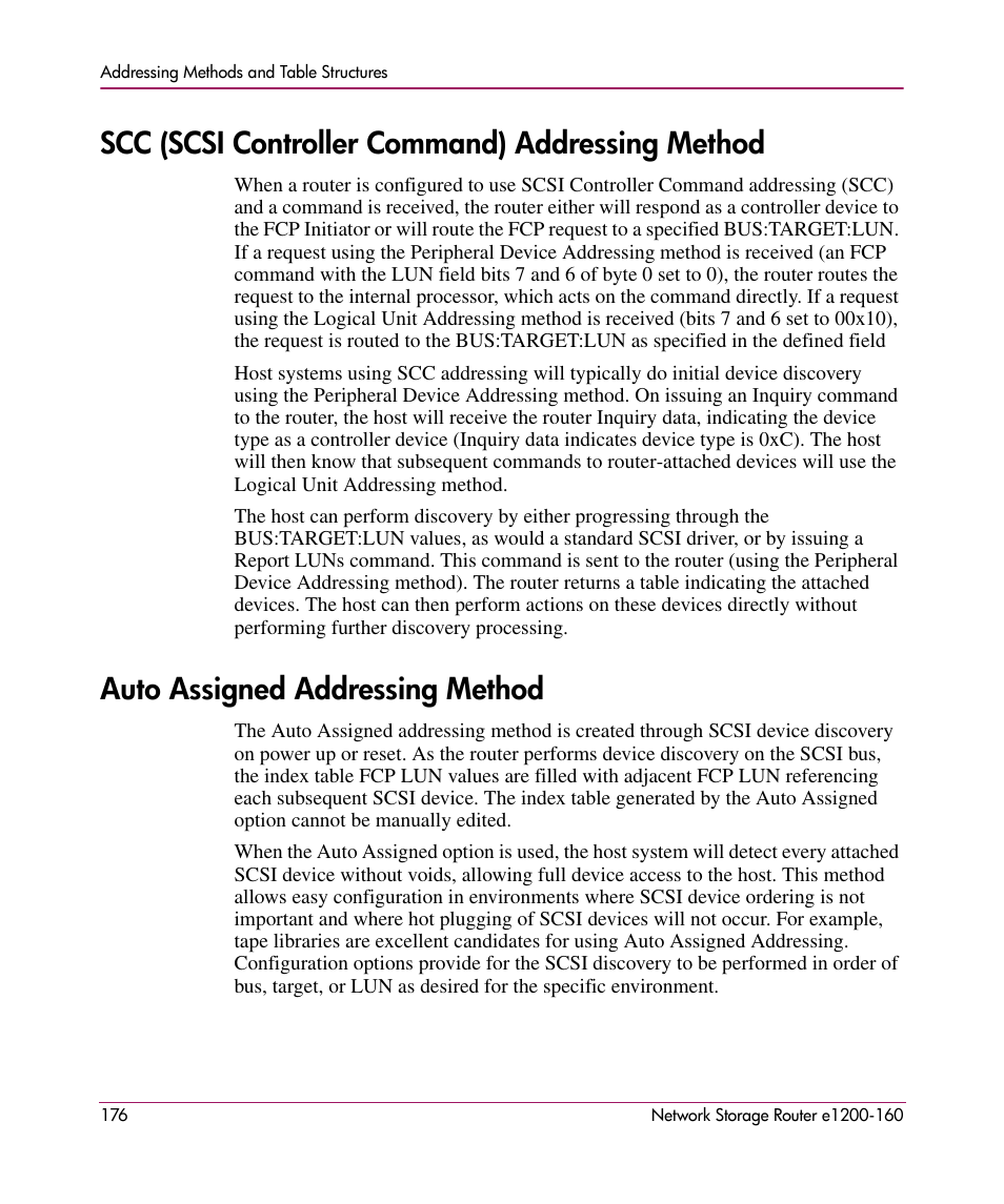 Scc (scsi controller command) addressing method, Auto assigned addressing method | HP e1200-160 User Manual | Page 176 / 200