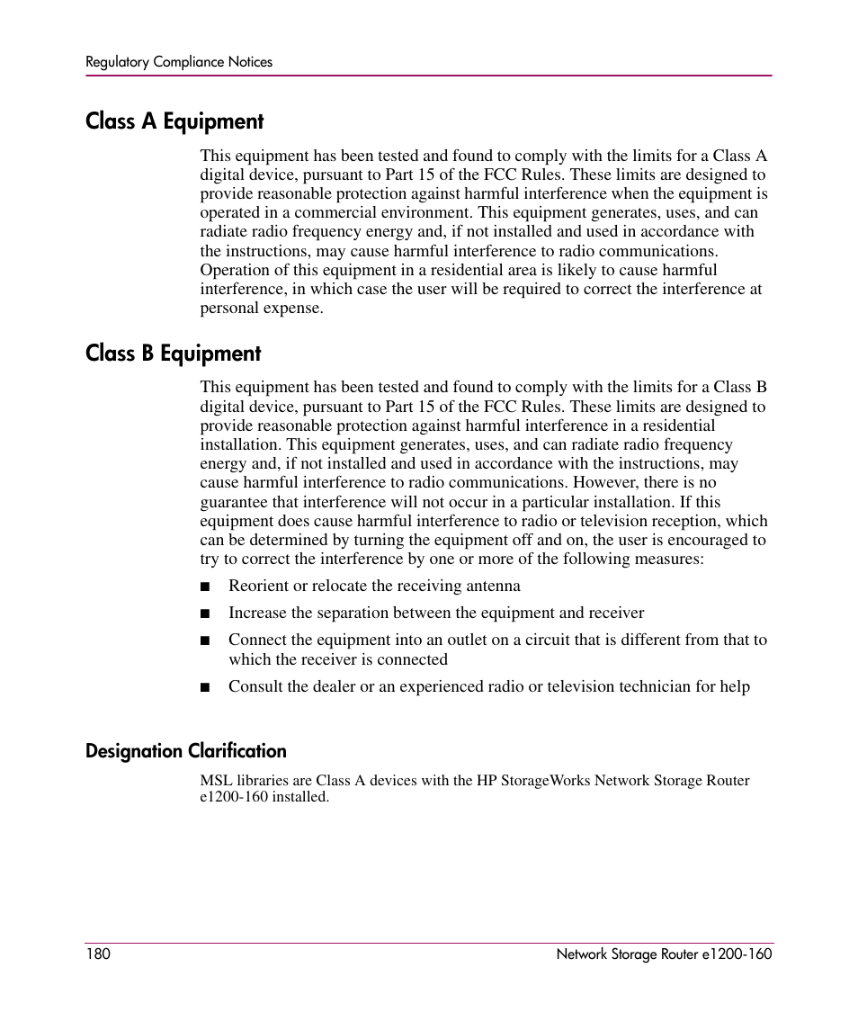Class a equipment, Class b equipment, Designation clarification | Class a equipment class b equipment | HP e1200-160 User Manual | Page 180 / 200