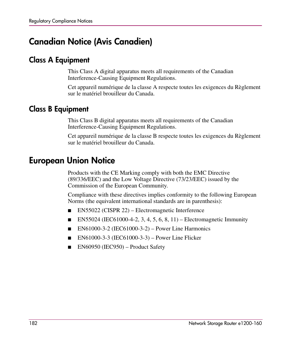 Canadian notice (avis canadien), Class a equipment, Class b equipment | European union notice, Class a equipment class b equipment | HP e1200-160 User Manual | Page 182 / 200