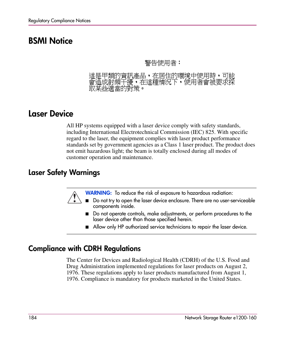 Bsmi notice, Laser device, Laser safety warnings | Compliance with cdrh regulations, Bsmi notice laser device | HP e1200-160 User Manual | Page 184 / 200