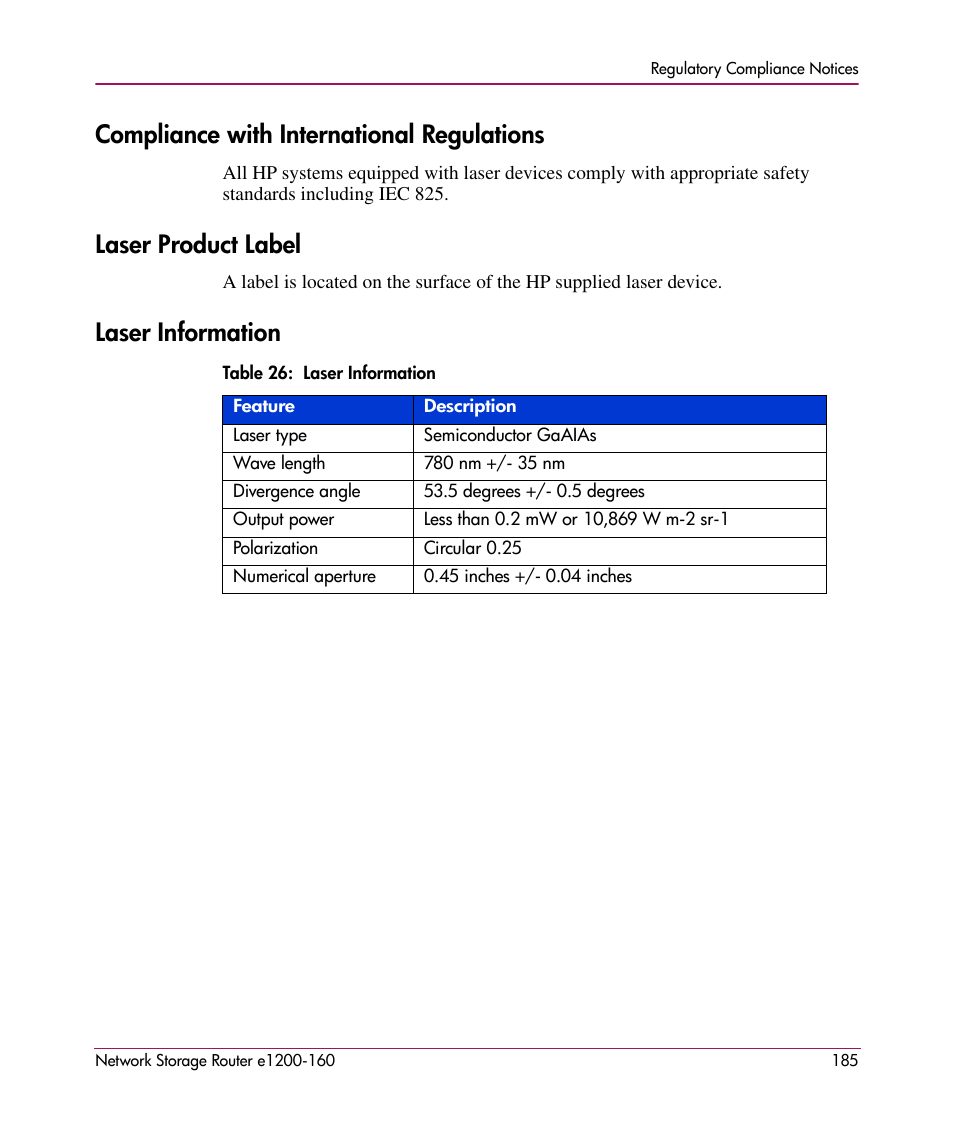 Compliance with international regulations, Laser product label, Laser information | HP e1200-160 User Manual | Page 185 / 200