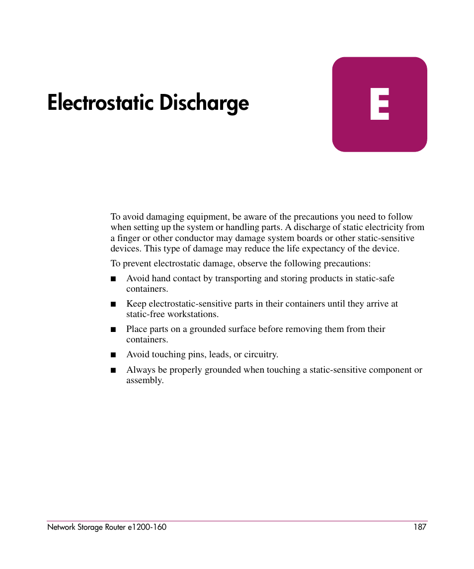 Electrostatic discharge, E electrostatic discharge | HP e1200-160 User Manual | Page 187 / 200