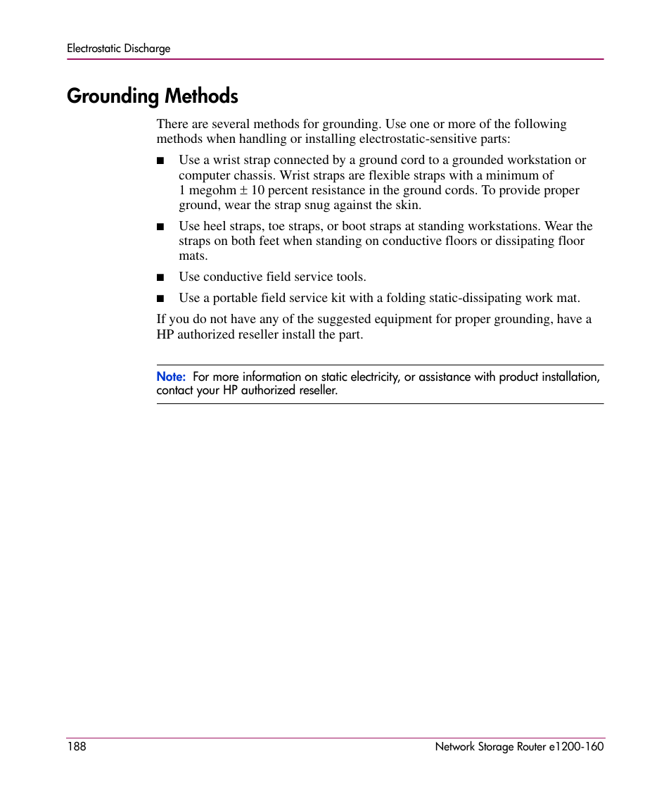 Grounding methods | HP e1200-160 User Manual | Page 188 / 200