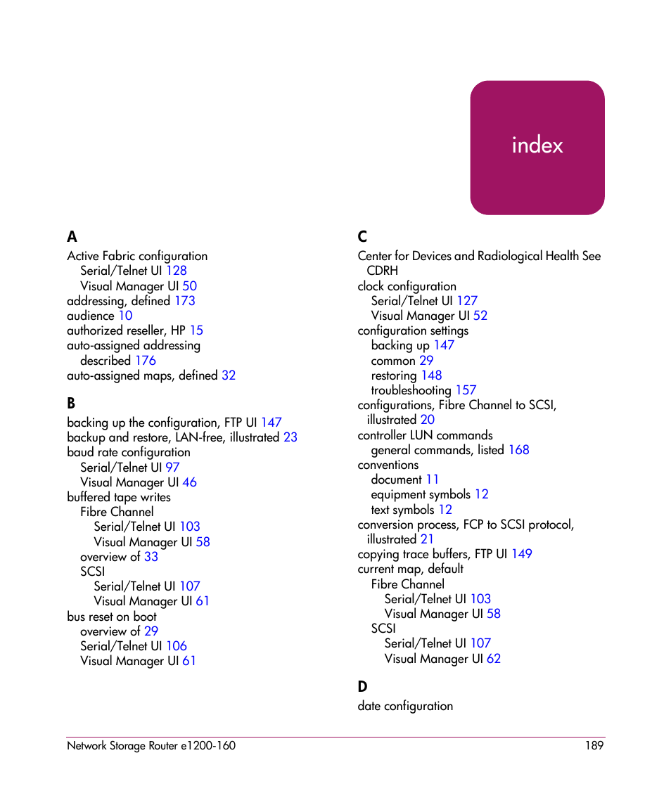 Index, Index index | HP e1200-160 User Manual | Page 189 / 200