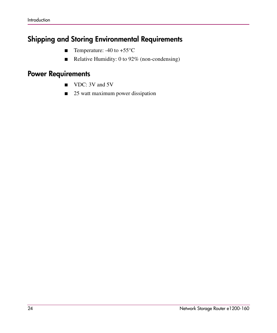 Shipping and storing environmental requirements, Power requirements | HP e1200-160 User Manual | Page 24 / 200