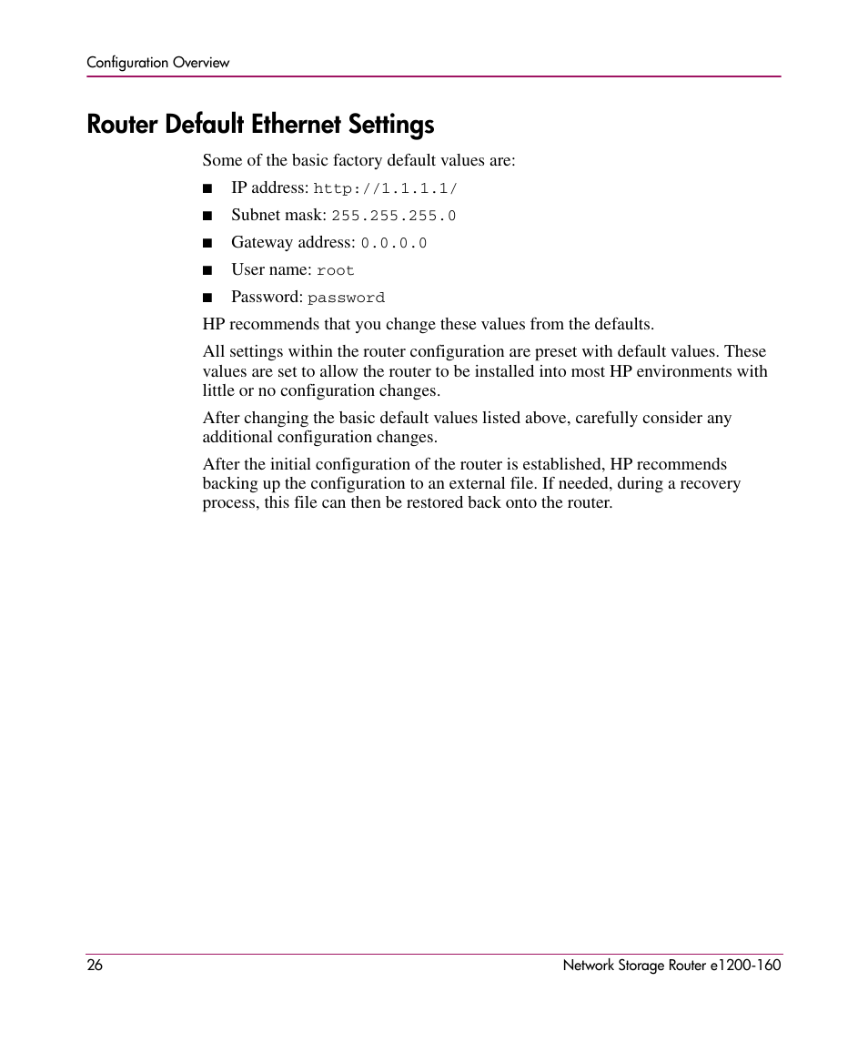 Router default ethernet settings | HP e1200-160 User Manual | Page 26 / 200
