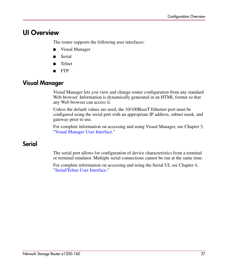 Ui overview, Visual manager, Serial | Visual manager serial | HP e1200-160 User Manual | Page 27 / 200