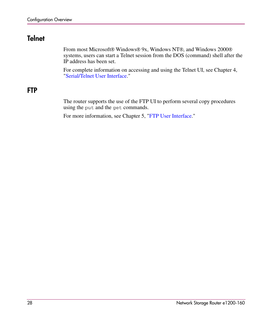 Telnet, Telnet ftp | HP e1200-160 User Manual | Page 28 / 200