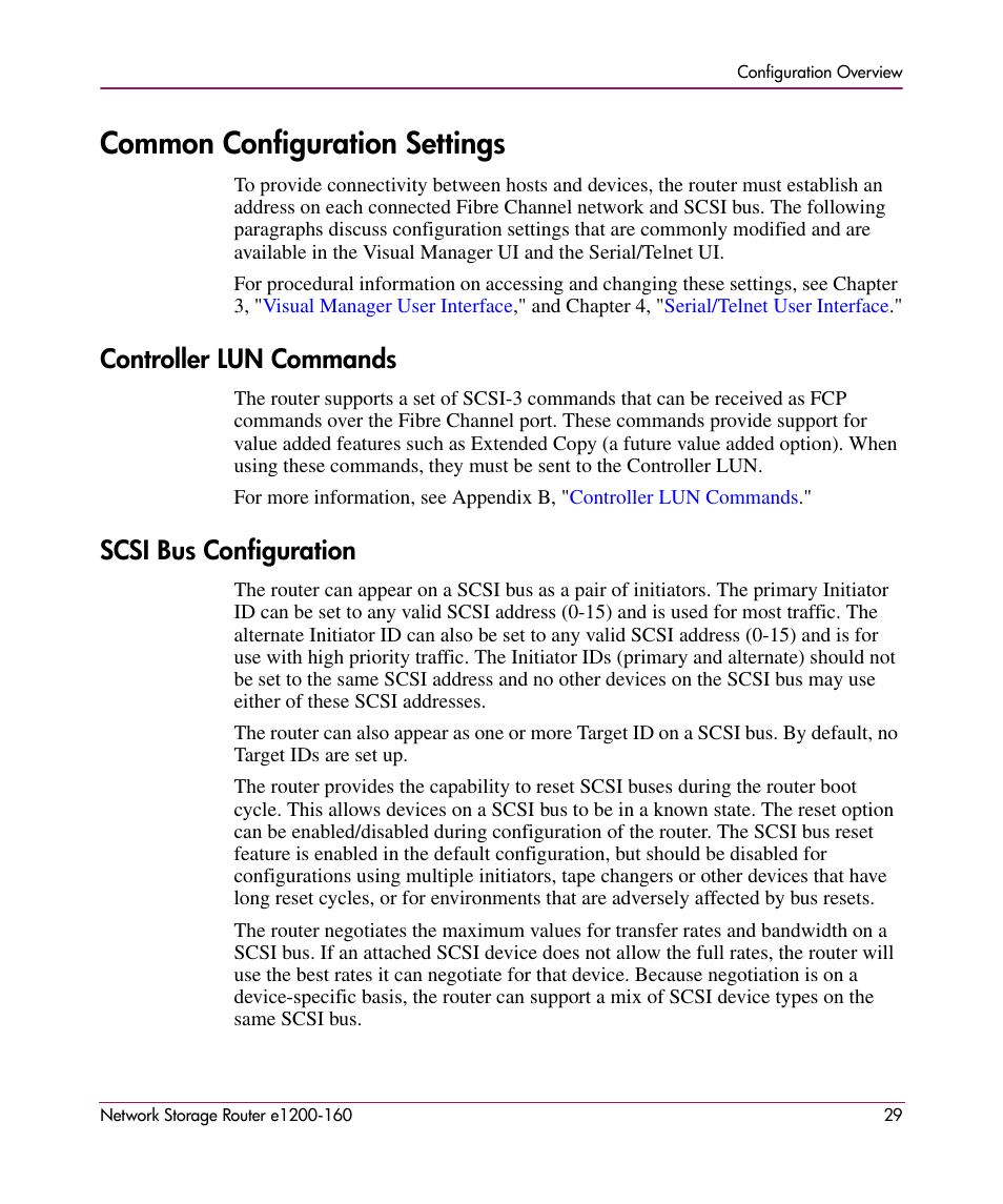 Common configuration settings, Controller lun commands, Scsi bus configuration | Controller lun commands scsi bus configuration | HP e1200-160 User Manual | Page 29 / 200