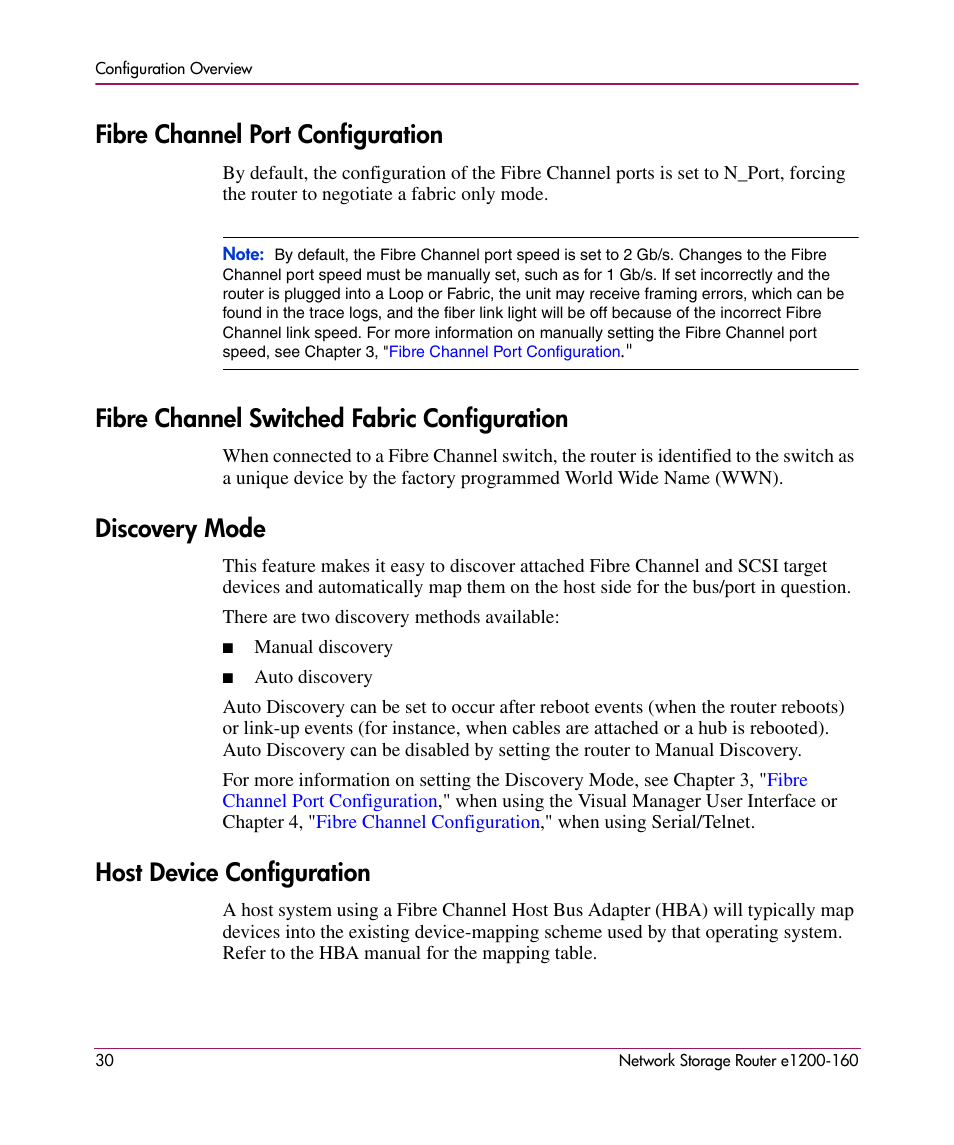 Fibre channel port configuration, Fibre channel switched fabric configuration, Discovery mode | Host device configuration | HP e1200-160 User Manual | Page 30 / 200