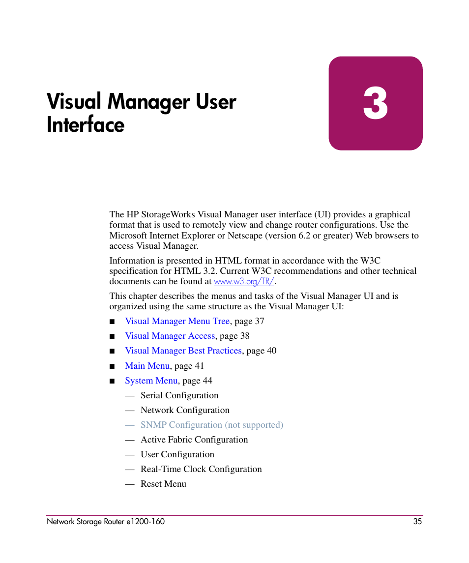 Visual manager user interface, 3 visual manager user interface, Chapter 3 | HP e1200-160 User Manual | Page 35 / 200