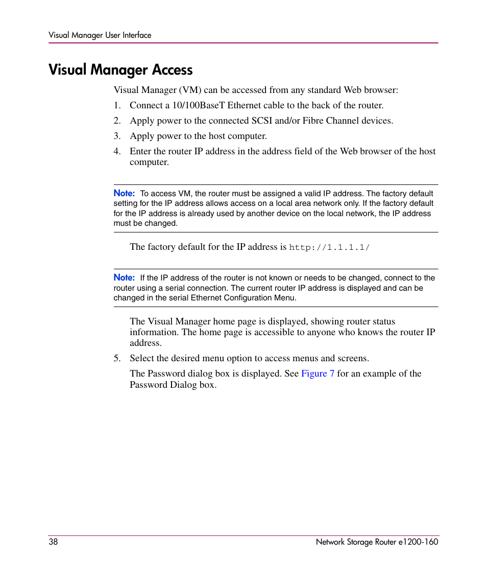 Visual manager access | HP e1200-160 User Manual | Page 38 / 200