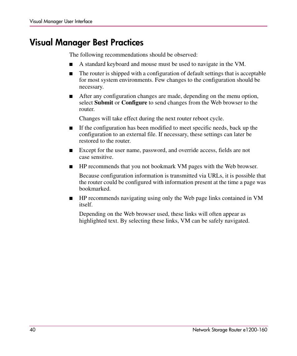 Visual manager best practices | HP e1200-160 User Manual | Page 40 / 200