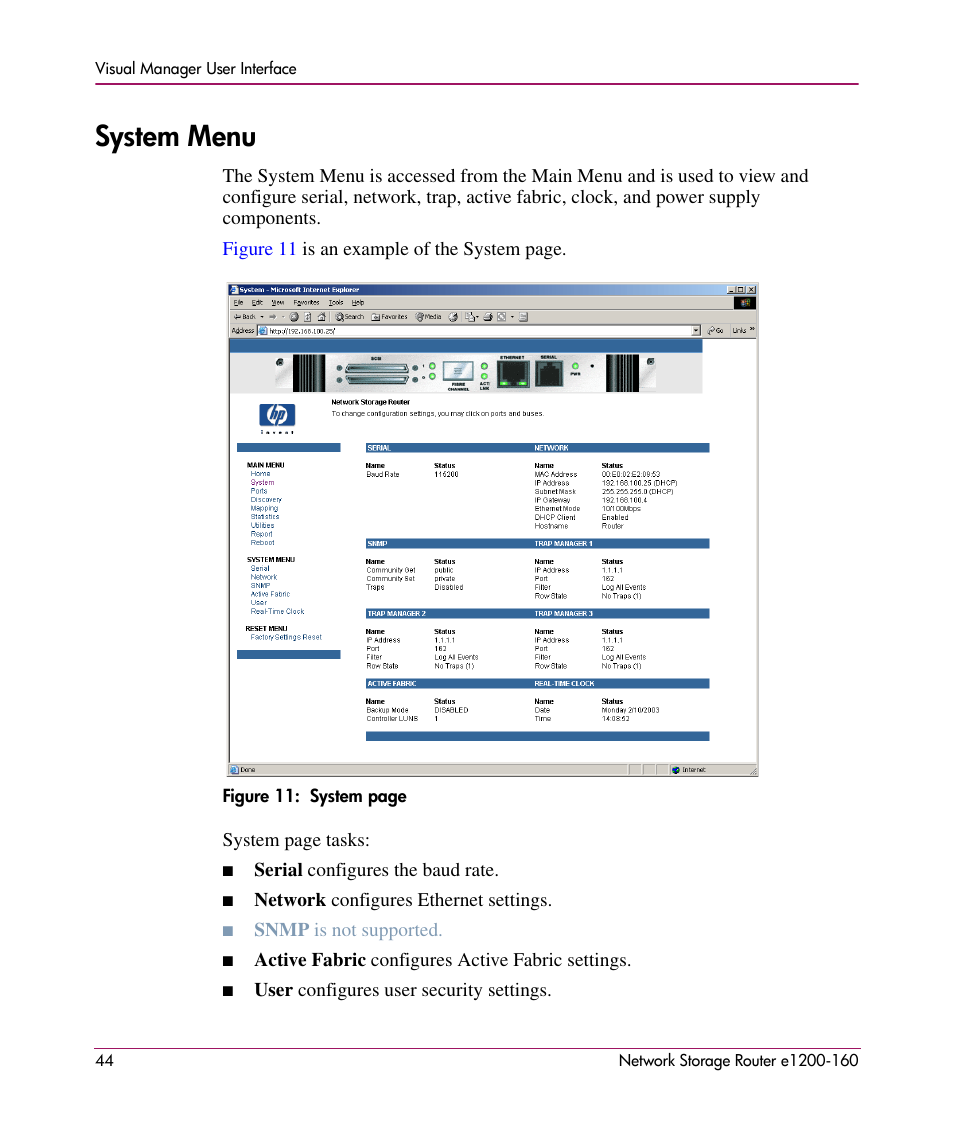 System menu | HP e1200-160 User Manual | Page 44 / 200