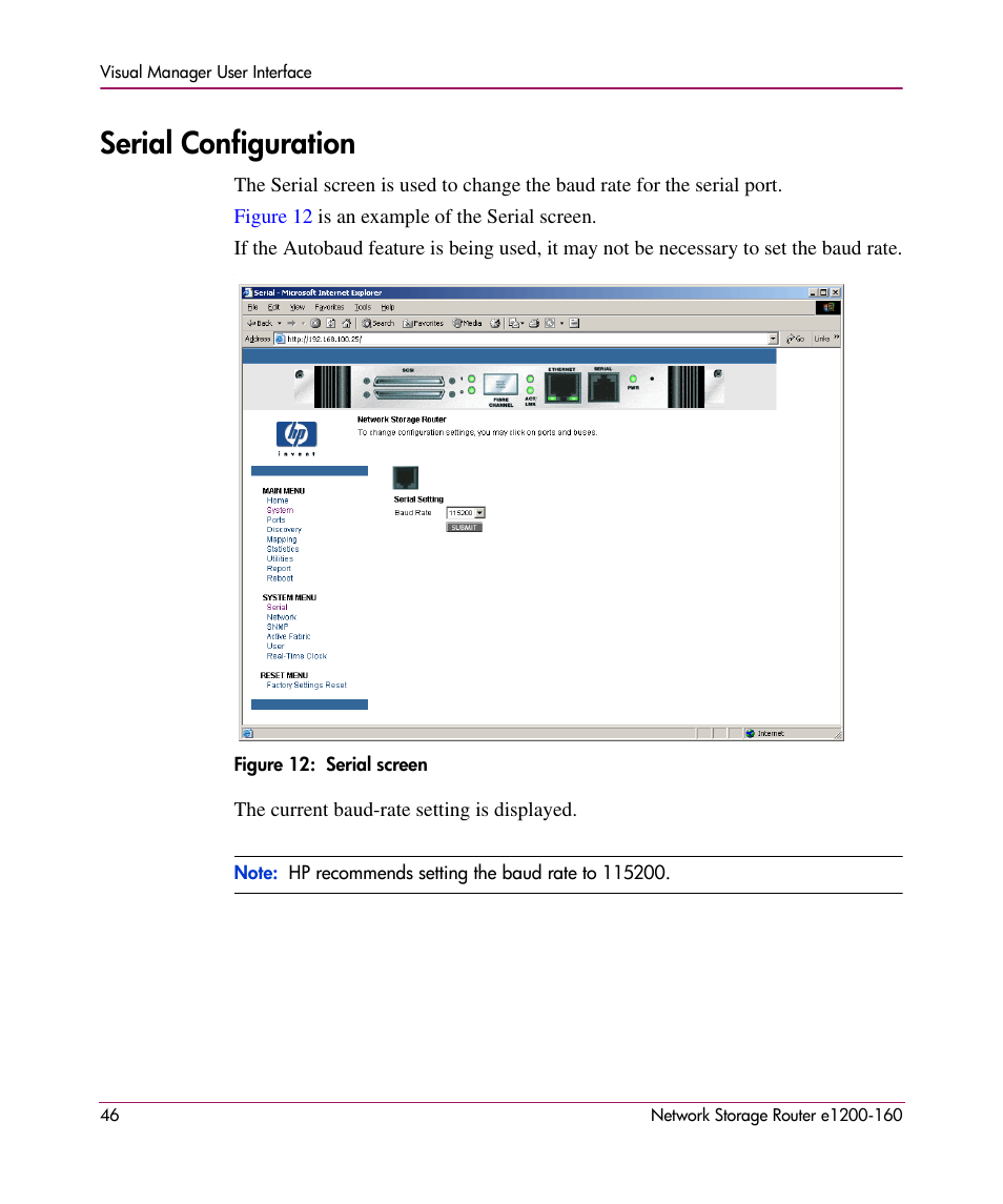 Serial configuration | HP e1200-160 User Manual | Page 46 / 200