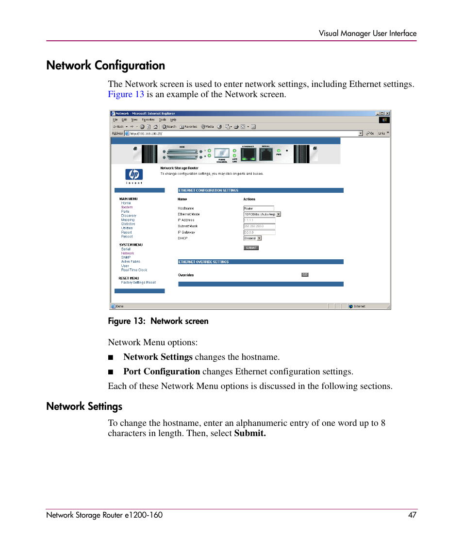 Network configuration, Network settings | HP e1200-160 User Manual | Page 47 / 200