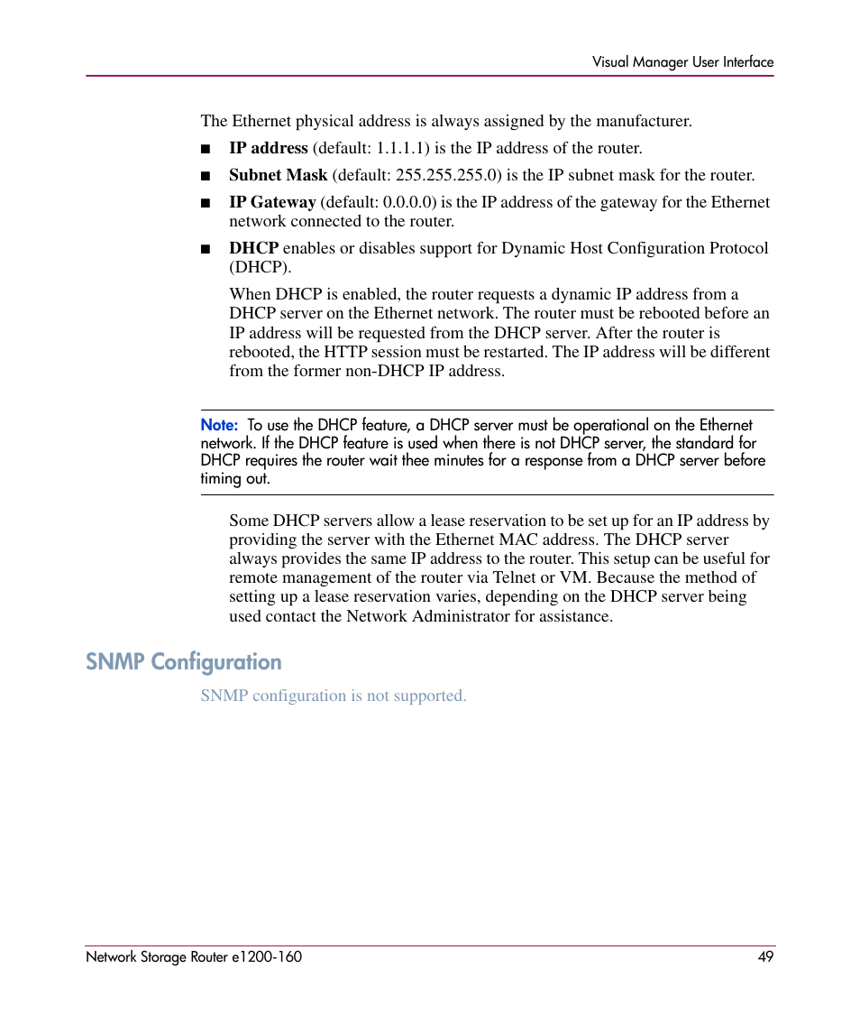 Snmp configuration | HP e1200-160 User Manual | Page 49 / 200