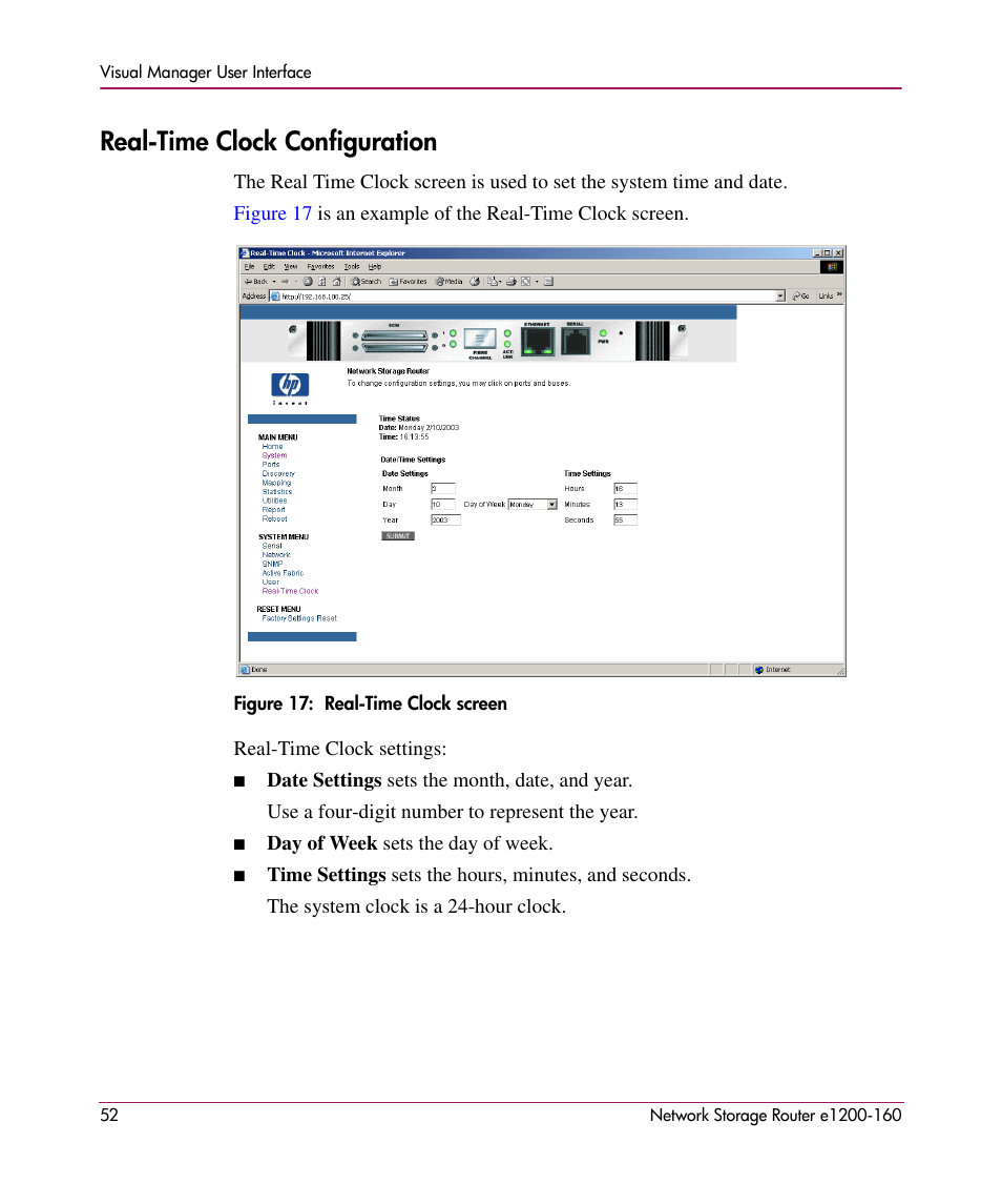 Realtime clock configuration, Real-time clock configuration | HP e1200-160 User Manual | Page 52 / 200