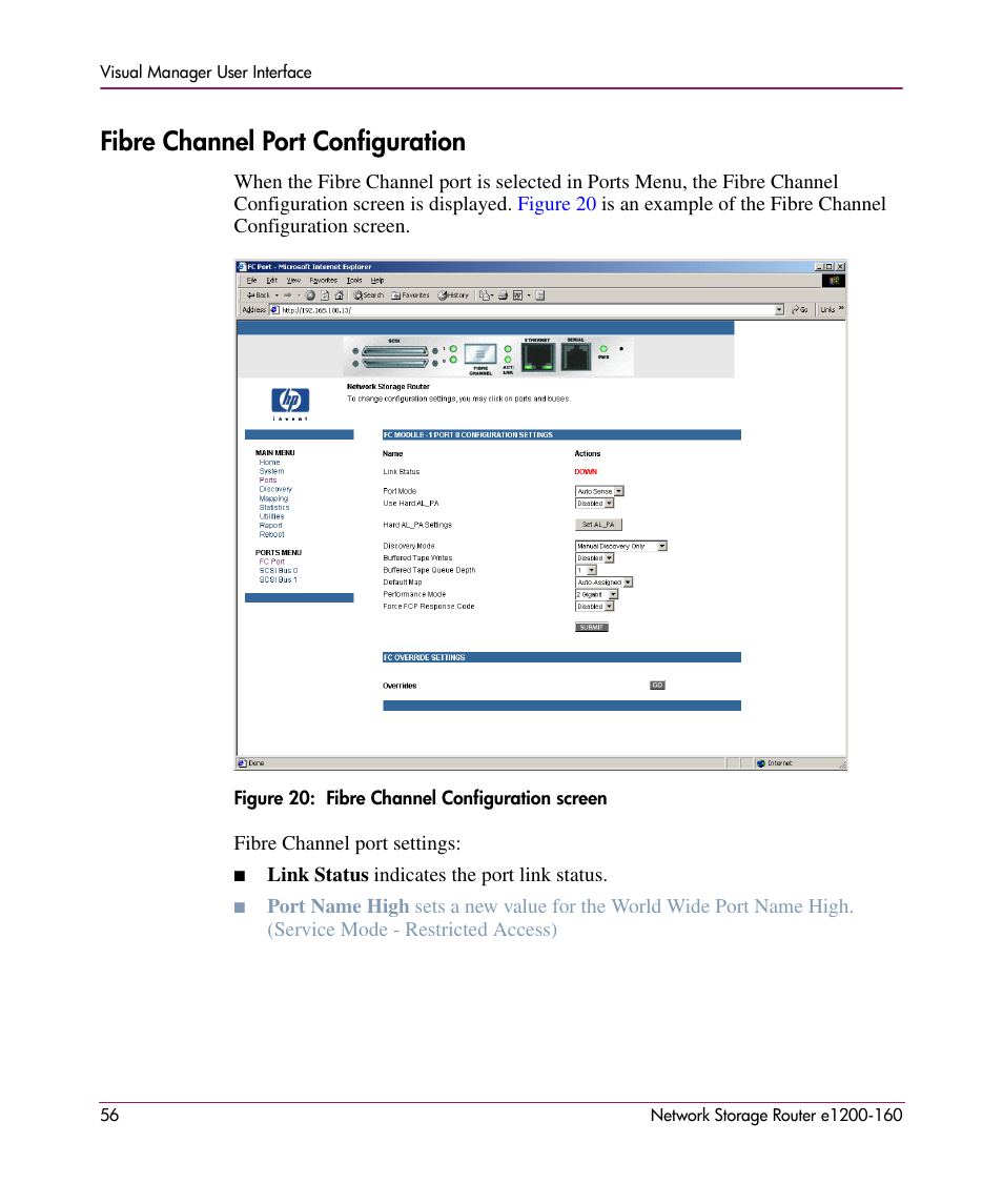 Fibre channel port configuration, Chapter 3, Ry mode, see chapter 3 | Fibre, Channel port configuration, Fibre channel, Port configuration | HP e1200-160 User Manual | Page 56 / 200