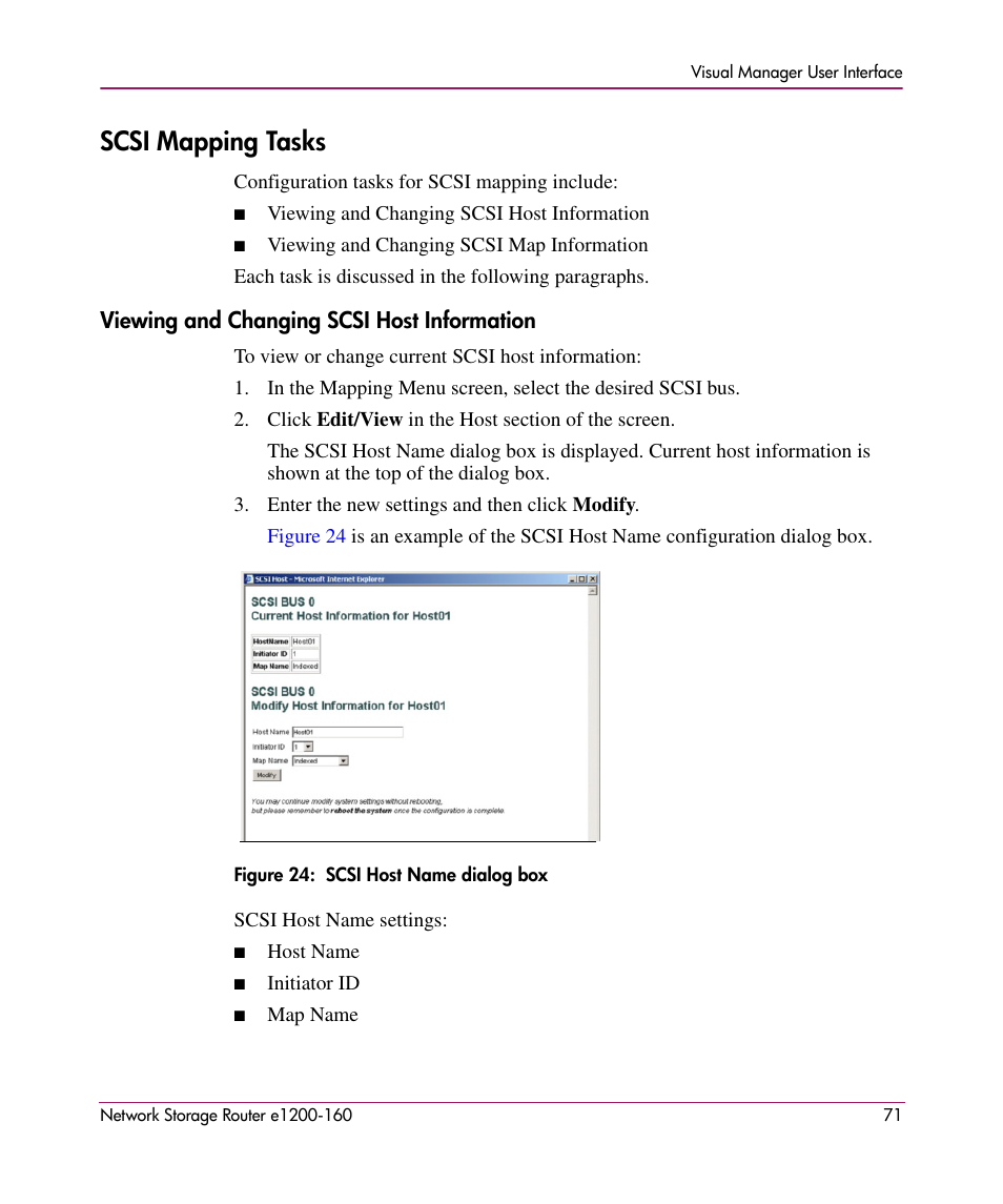 Scsi mapping tasks, Viewing and changing scsi host information | HP e1200-160 User Manual | Page 71 / 200