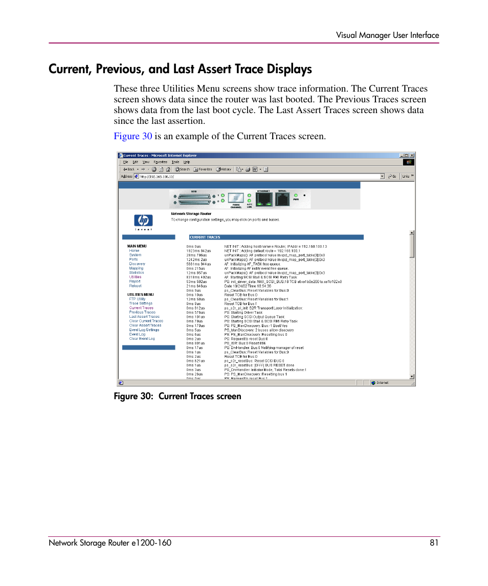 Current, previous, and last assert trace displays | HP e1200-160 User Manual | Page 81 / 200