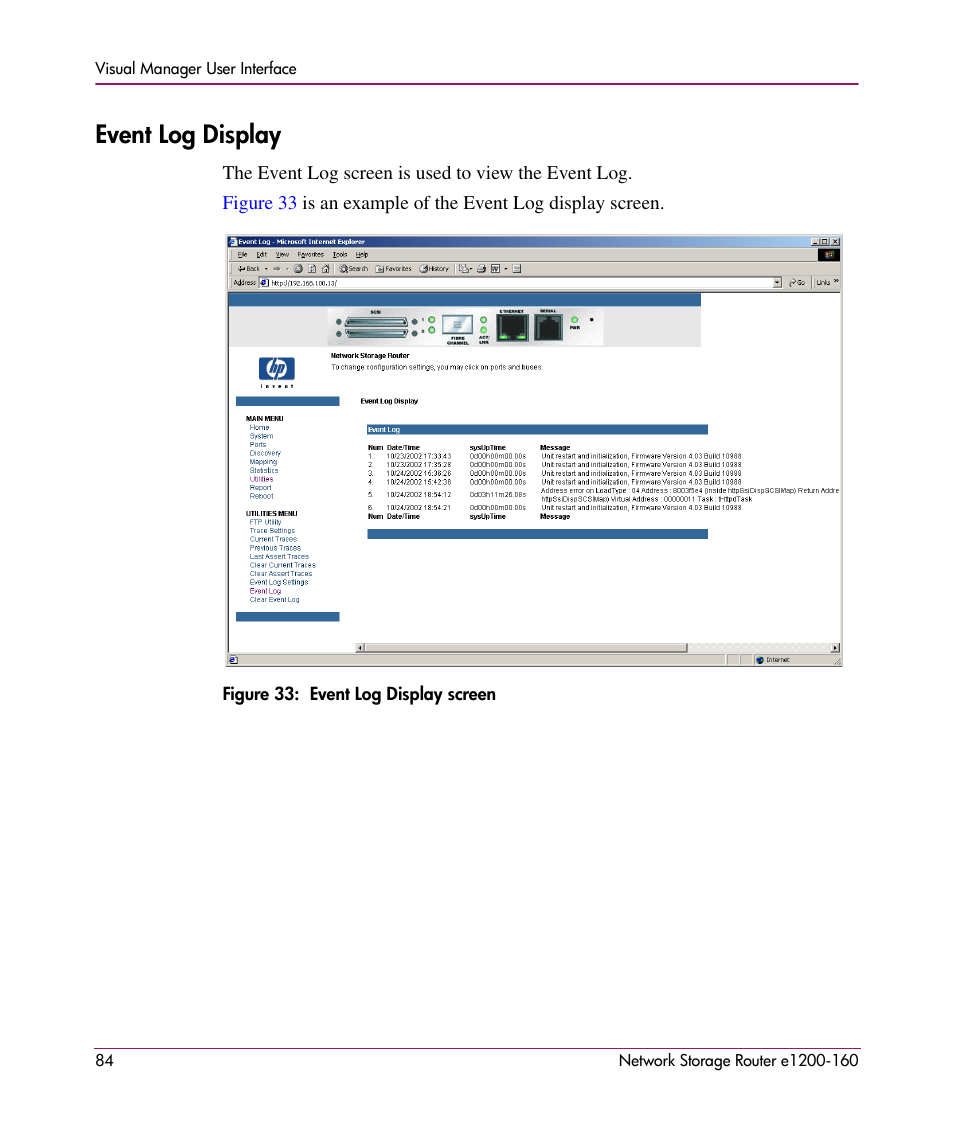 Event log display | HP e1200-160 User Manual | Page 84 / 200