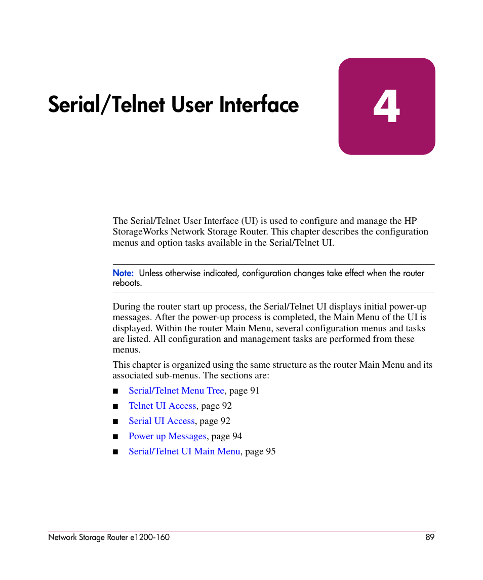 Serial/telnet user interface, 4 serial/telnet user interface, Chapter 4 | Ui, see chapter 4 | HP e1200-160 User Manual | Page 89 / 200