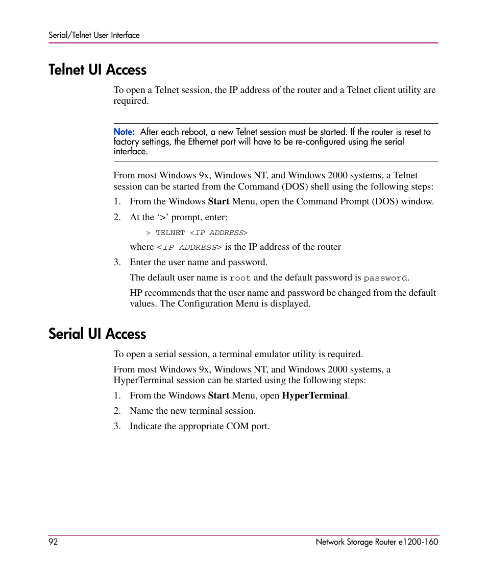 Telnet ui access, Serial ui access, Telnet ui access serial ui access | HP e1200-160 User Manual | Page 92 / 200