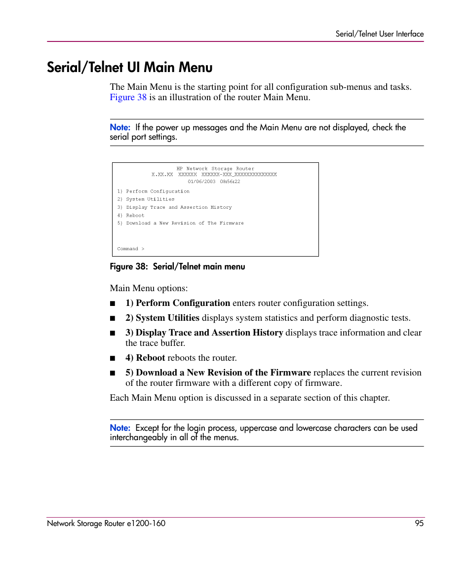 Serial/telnet ui main menu | HP e1200-160 User Manual | Page 95 / 200