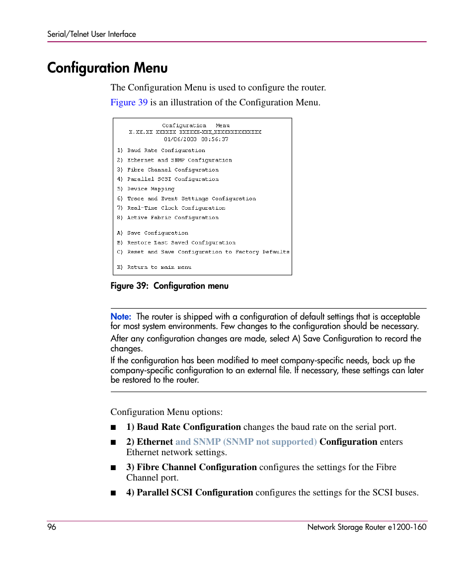 Configuration menu | HP e1200-160 User Manual | Page 96 / 200