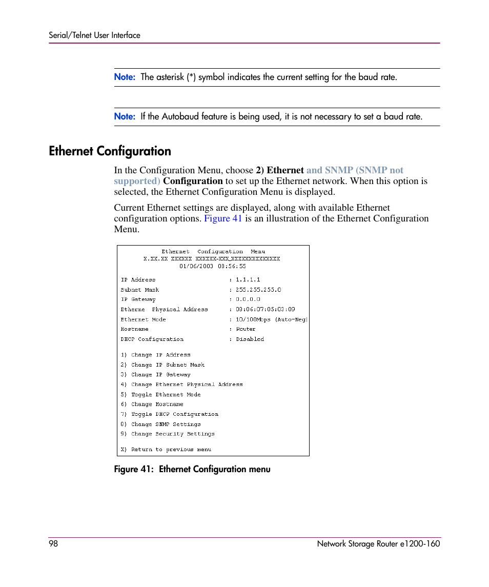 Ethernet configuration | HP e1200-160 User Manual | Page 98 / 200