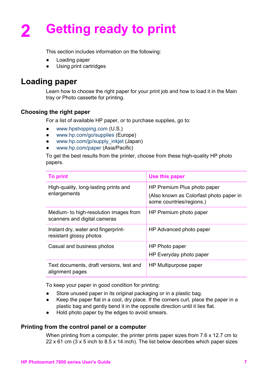 Getting ready to print, Loading paper, Choosing the right paper | Printing from the control panel or a computer | HP 7800 User Manual | Page 10 / 52