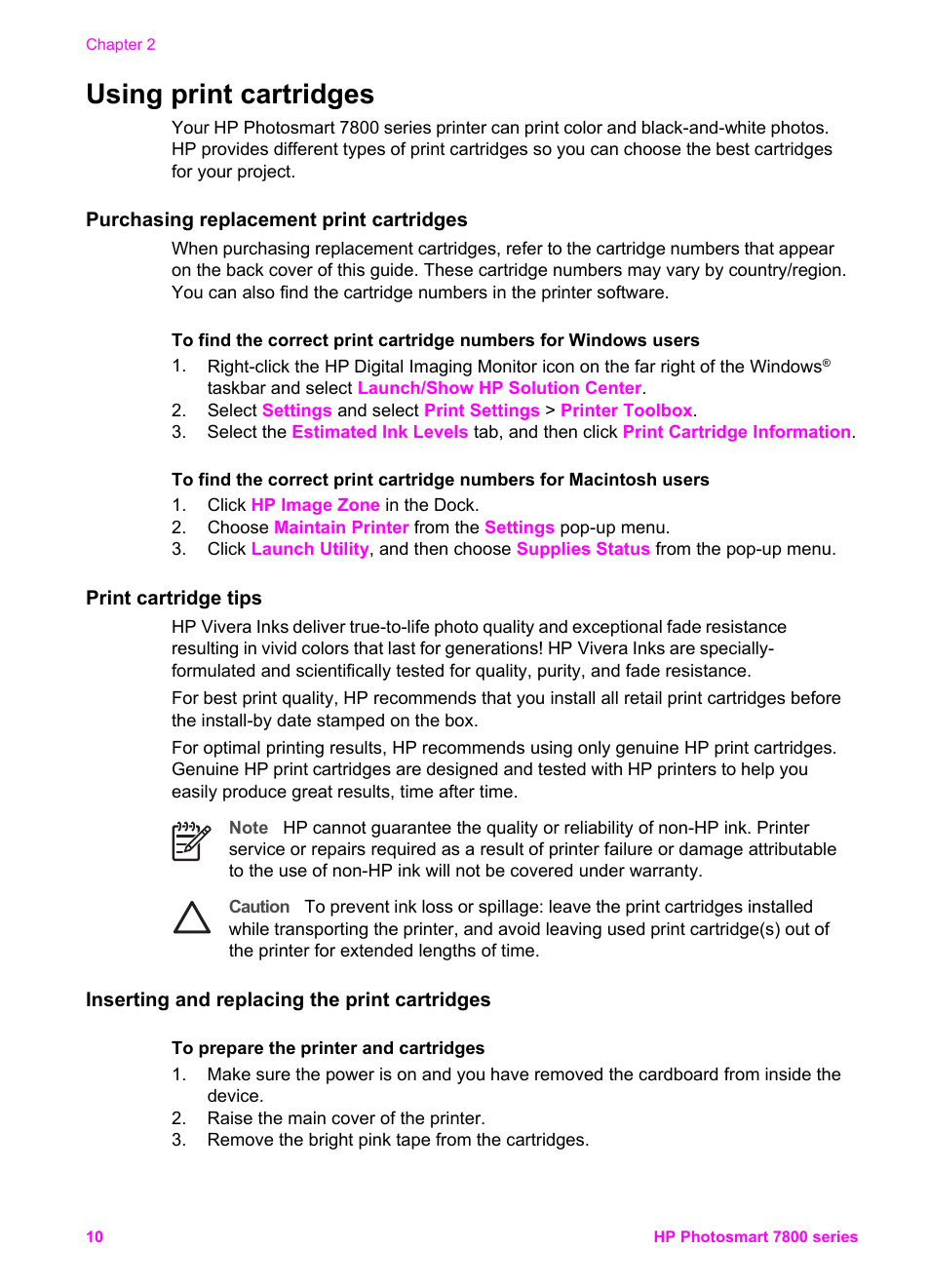 Using print cartridges, Purchasing replacement print cartridges, Print cartridge tips | Inserting and replacing the print cartridges | HP 7800 User Manual | Page 13 / 52