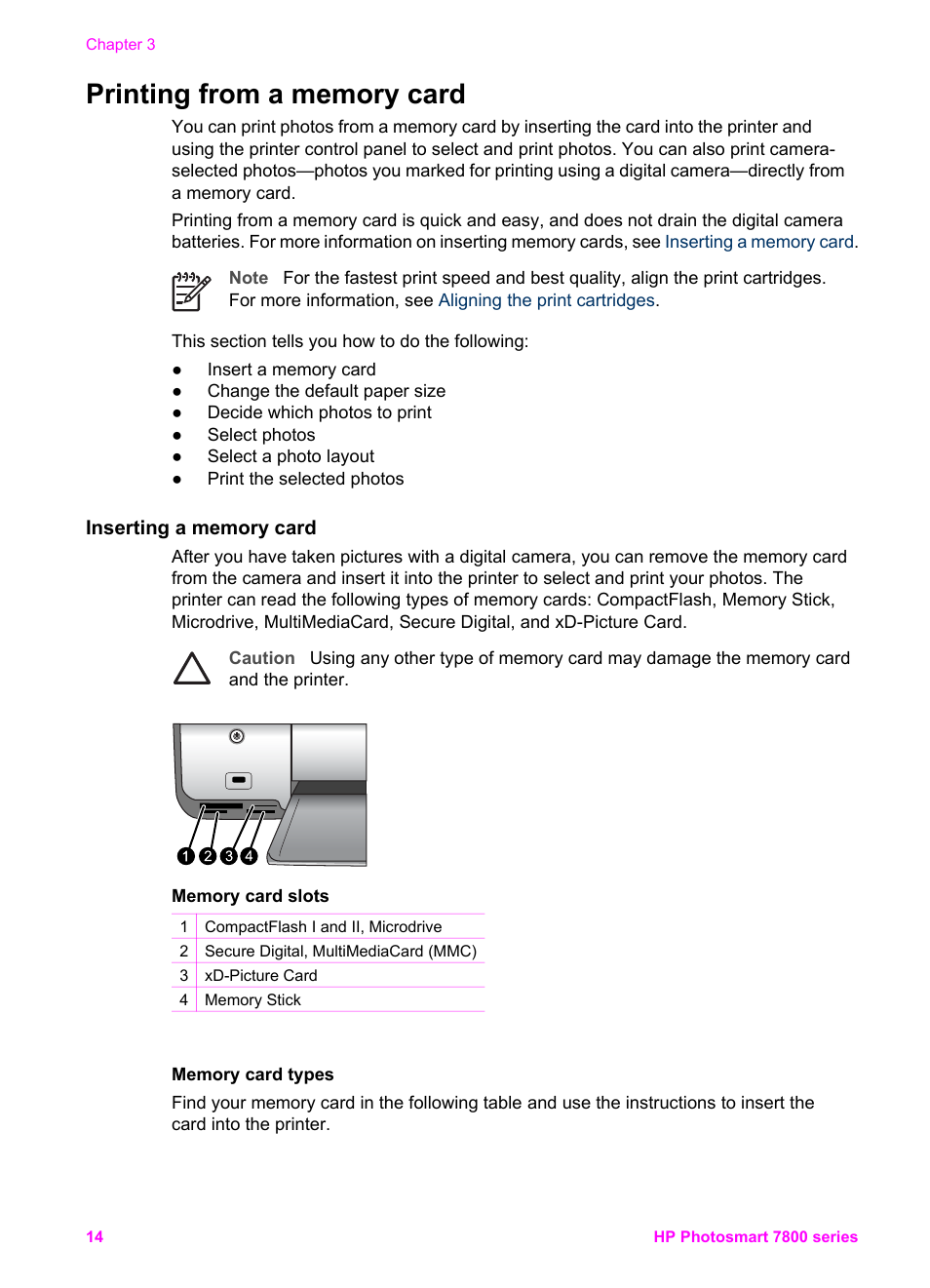 Printing from a memory card, Inserting a memory card, Memory card types | Memory card types supported file formats, Printing from a, Memory card | HP 7800 User Manual | Page 17 / 52