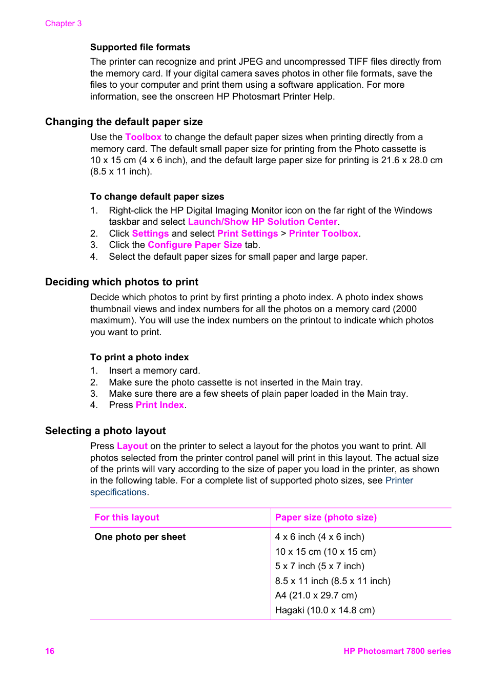 Changing the default paper size, Deciding which photos to print, Selecting a photo layout | HP 7800 User Manual | Page 19 / 52