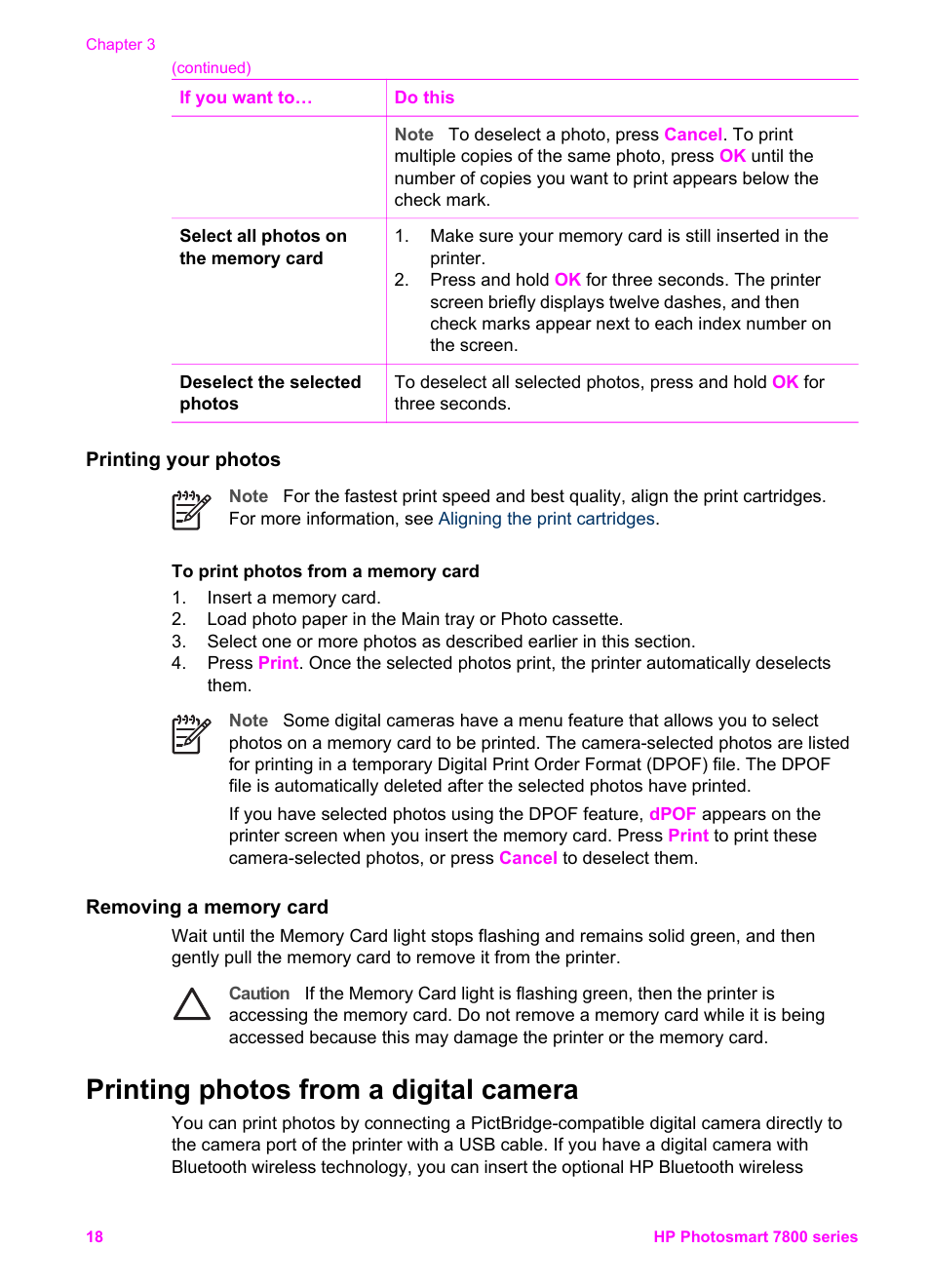 Printing your photos, Removing a memory card, Printing photos from a digital camera | Using a pictbridge camera using a bluetooth camera, Printing, Photos from a digital camera, And the | HP 7800 User Manual | Page 21 / 52