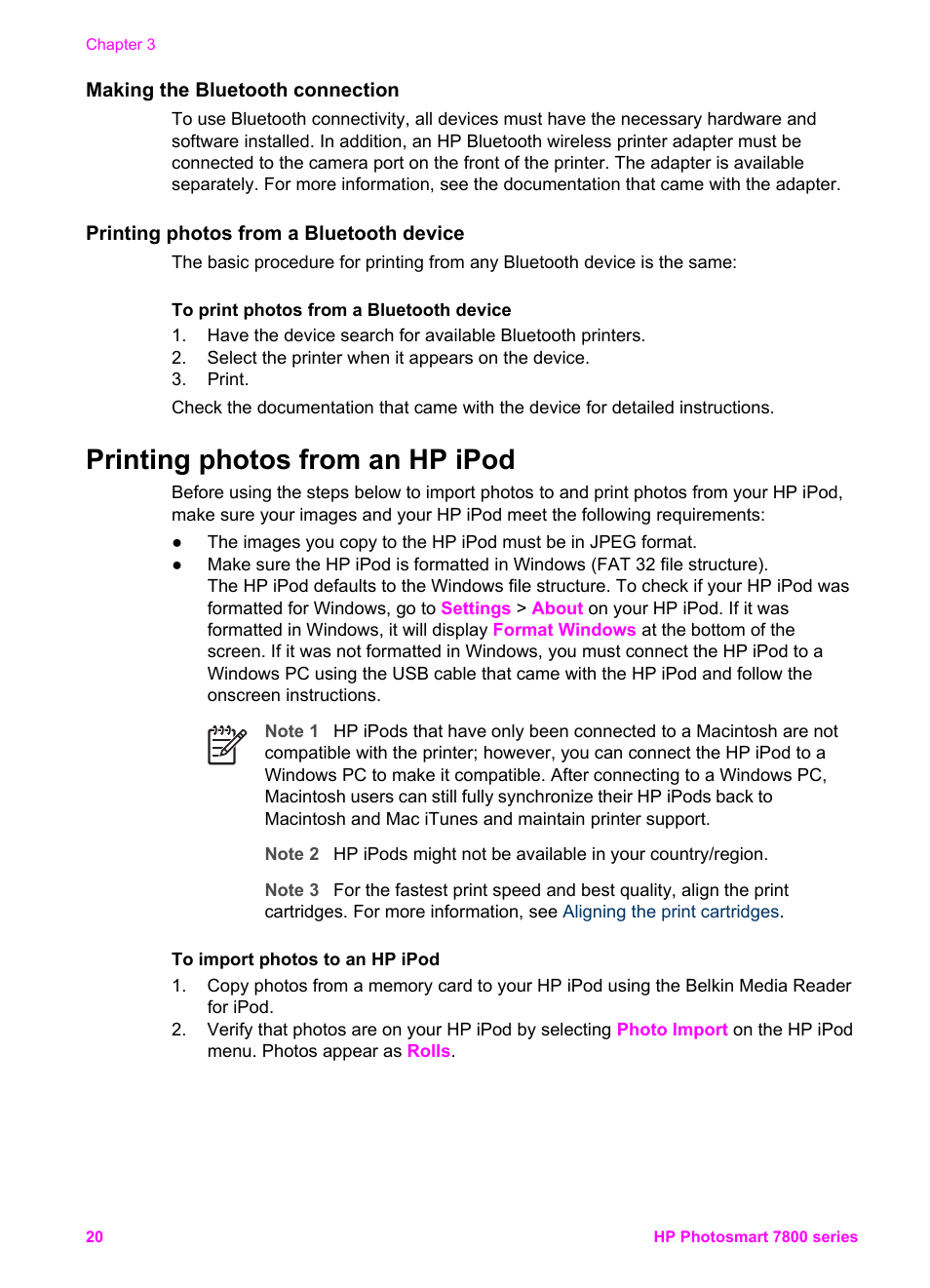 Making the bluetooth connection, Printing photos from a bluetooth device, Printing photos from an hp ipod | Printing photos, From an hp ipod | HP 7800 User Manual | Page 23 / 52