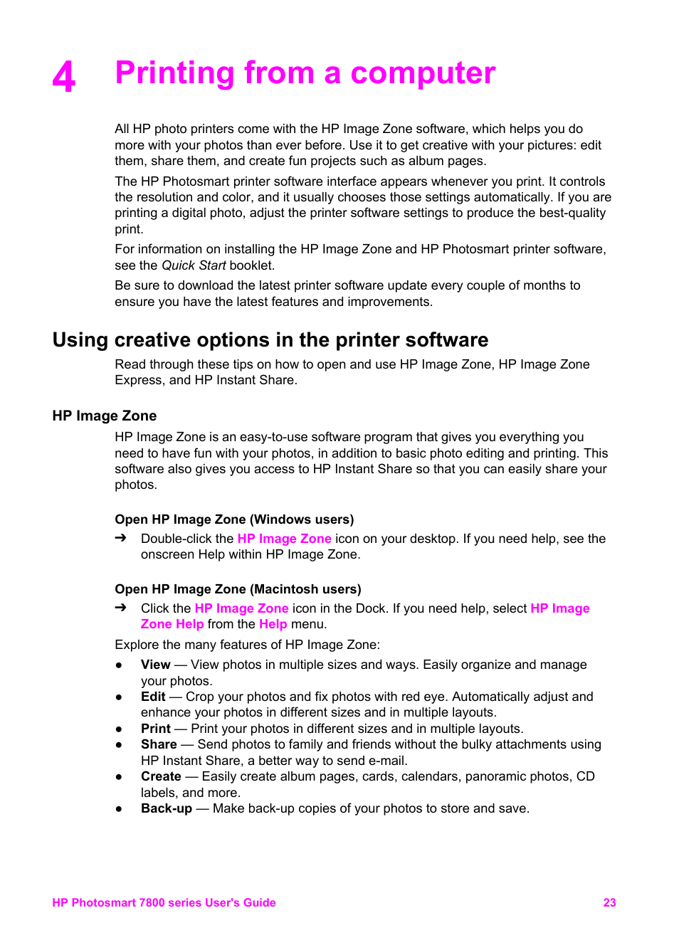 Printing from a computer, Using creative options in the printer software, Hp image zone | HP 7800 User Manual | Page 26 / 52