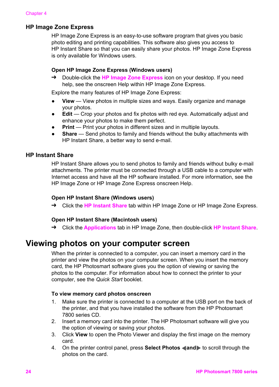 Hp image zone express, Hp instant share, Viewing photos on your computer screen | HP 7800 User Manual | Page 27 / 52