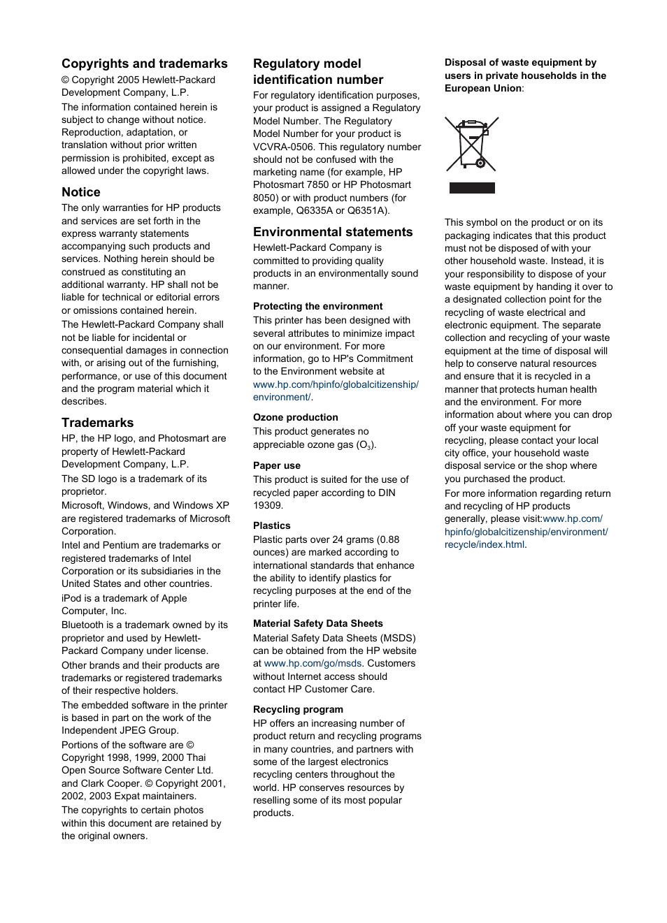 Copyrights and trademarks, Notice, Trademarks | Regulatory model identification number, Environmental statements | HP 7800 User Manual | Page 3 / 52