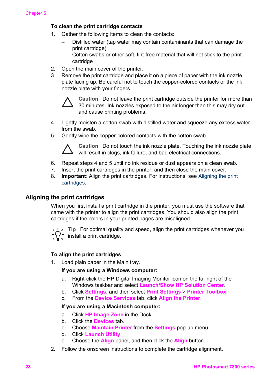 Aligning the print cartridges, Aligning the print, Cartridges | Information, see | HP 7800 User Manual | Page 31 / 52