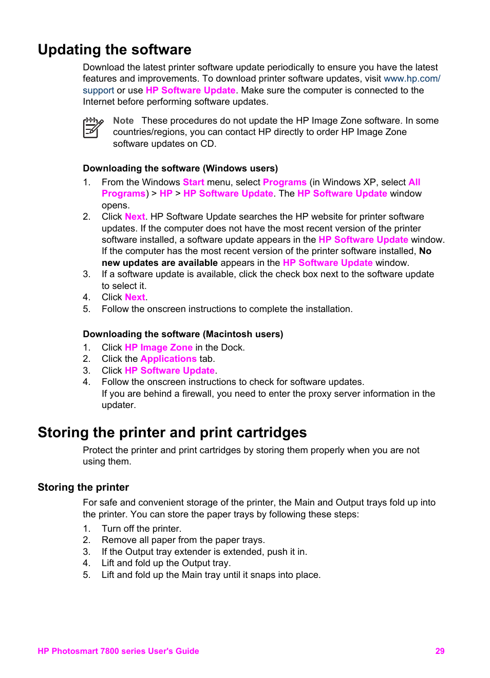 Updating the software, Storing the printer and print cartridges, Storing the printer | Storing the printer storing the print cartridges | HP 7800 User Manual | Page 32 / 52