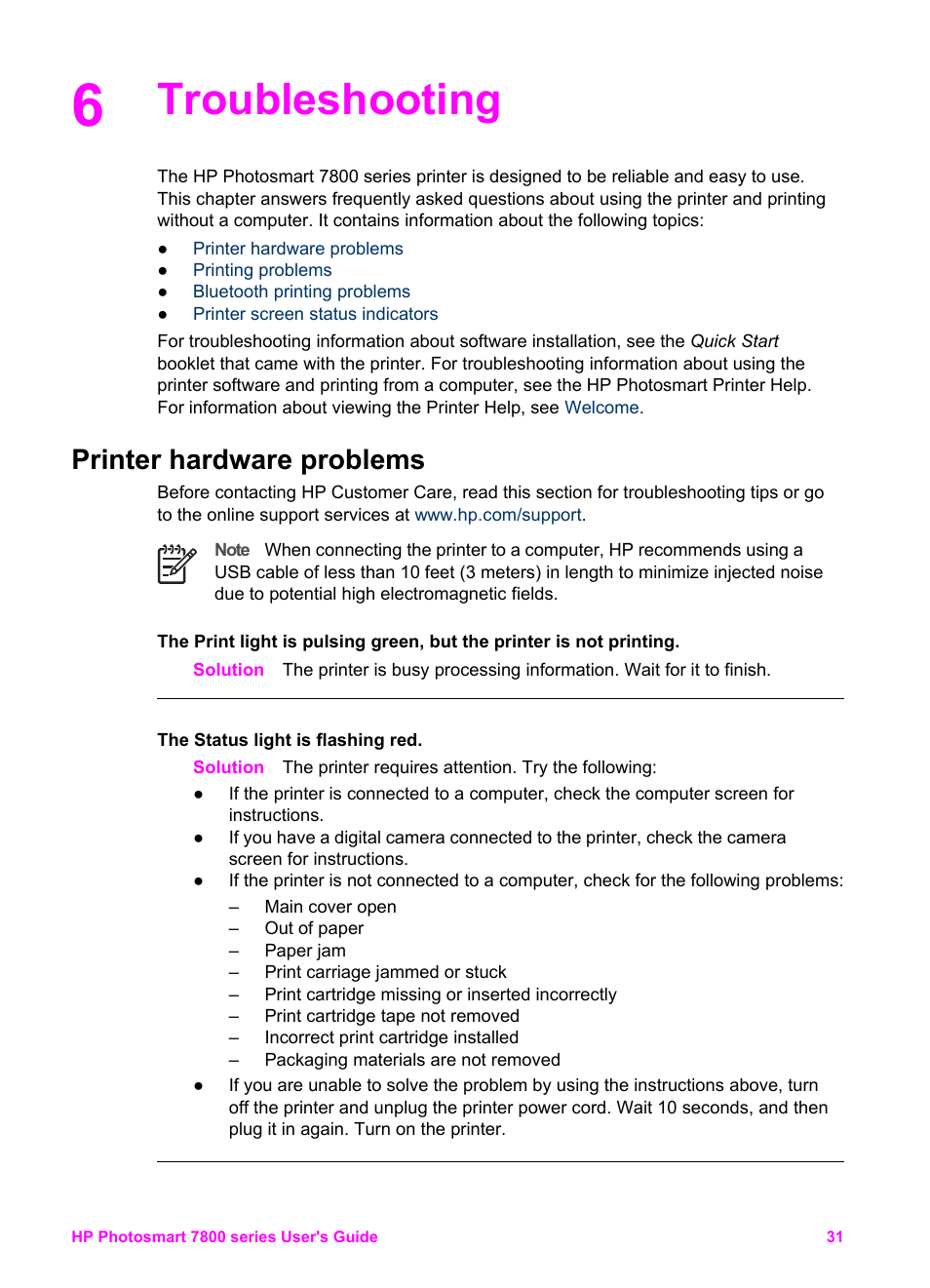 Troubleshooting, Printer hardware problems | HP 7800 User Manual | Page 34 / 52