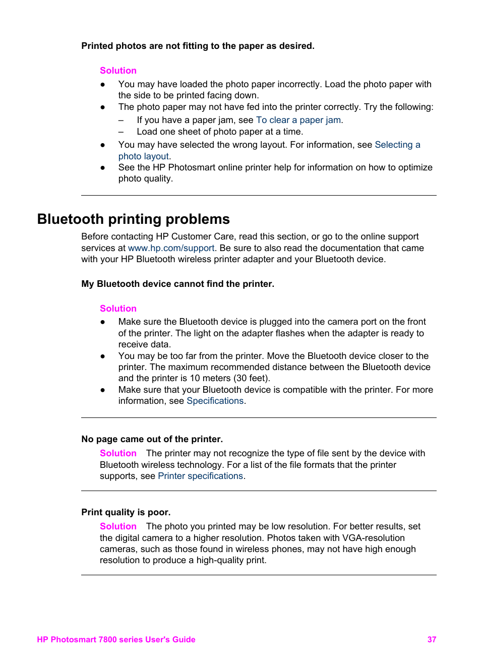 Bluetooth printing problems | HP 7800 User Manual | Page 40 / 52