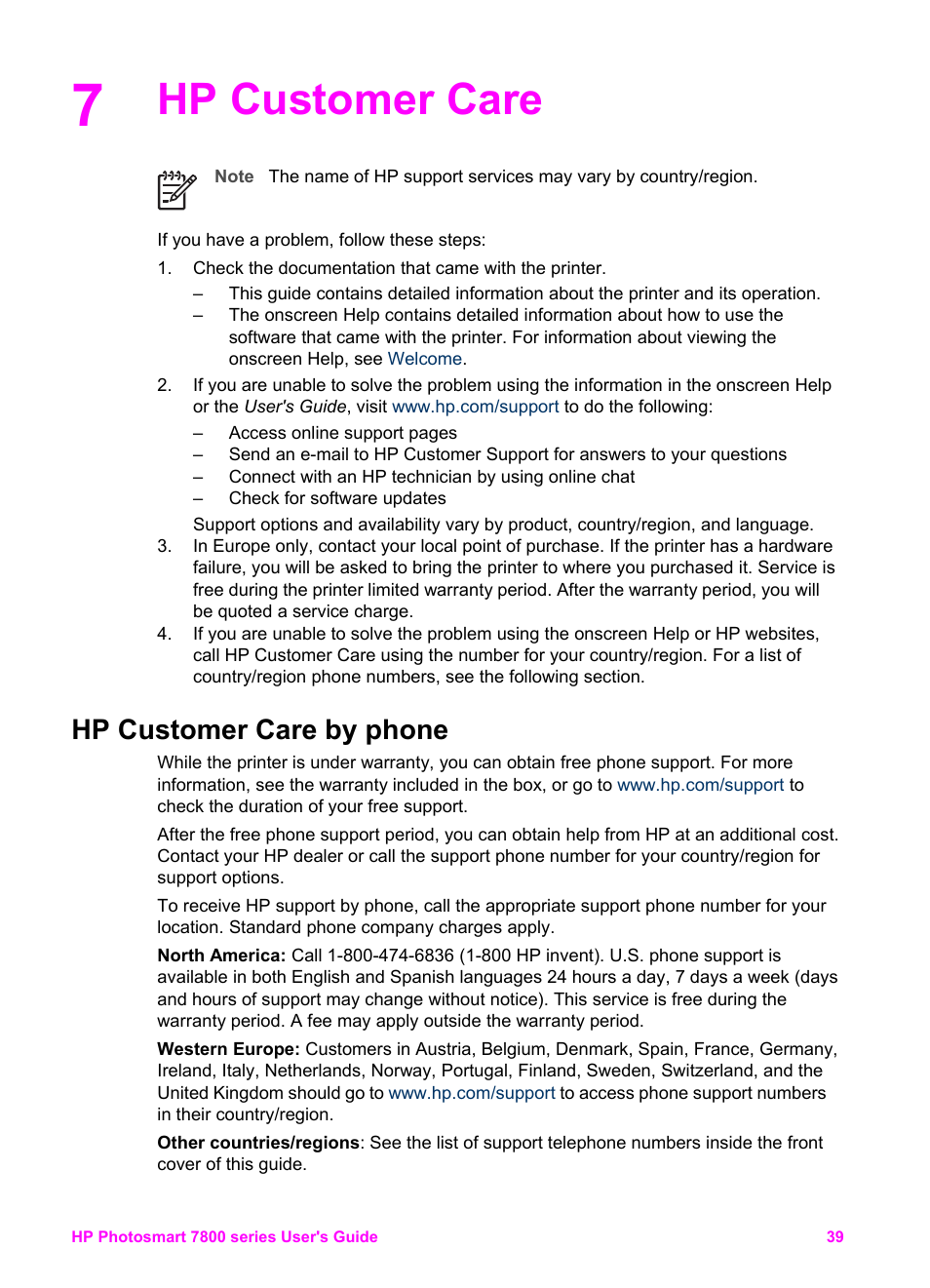 Hp customer care, Hp customer care by phone, Placing a call | HP 7800 User Manual | Page 42 / 52