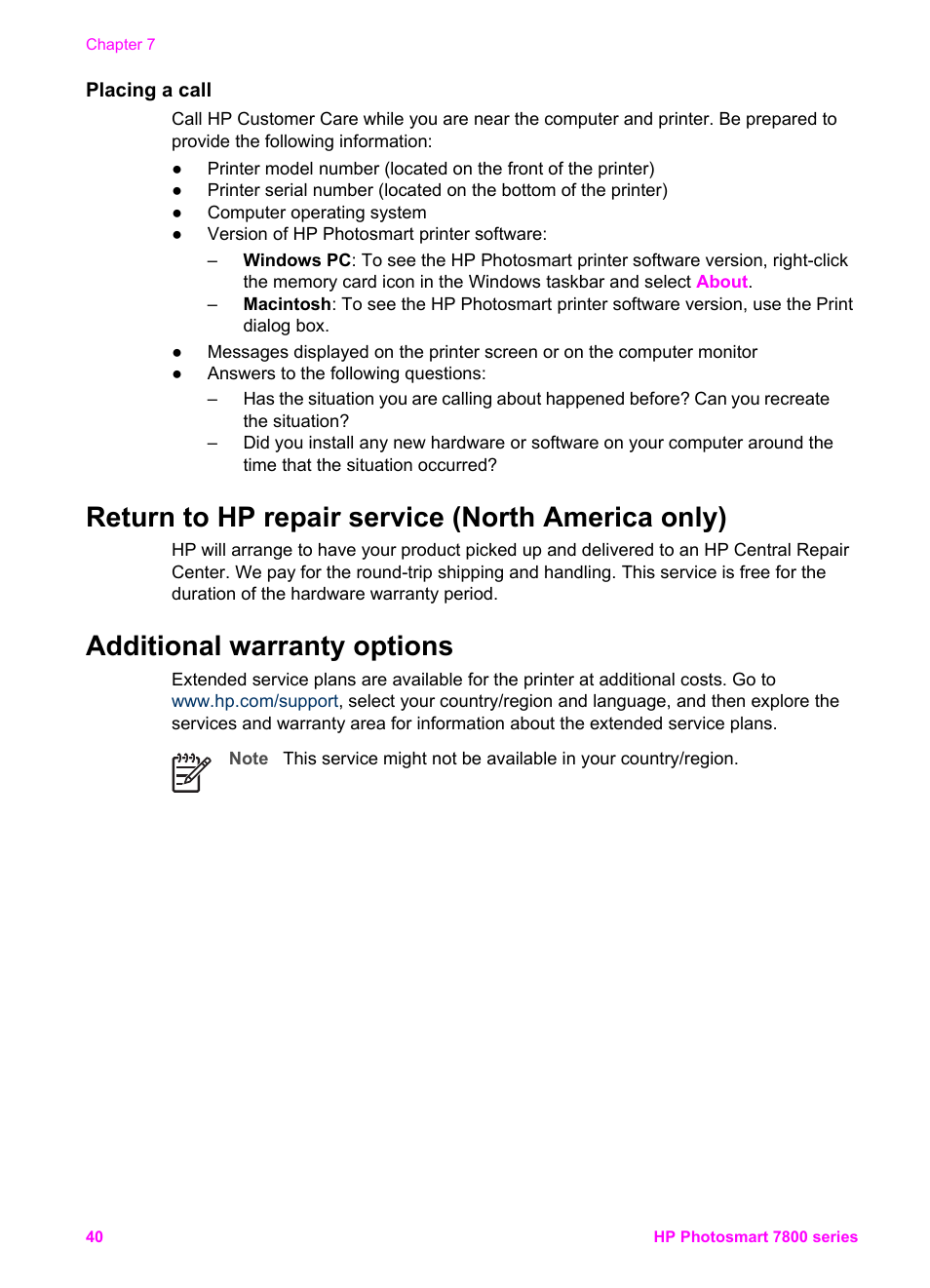 Placing a call, Return to hp repair service (north america only), Additional warranty options | HP 7800 User Manual | Page 43 / 52