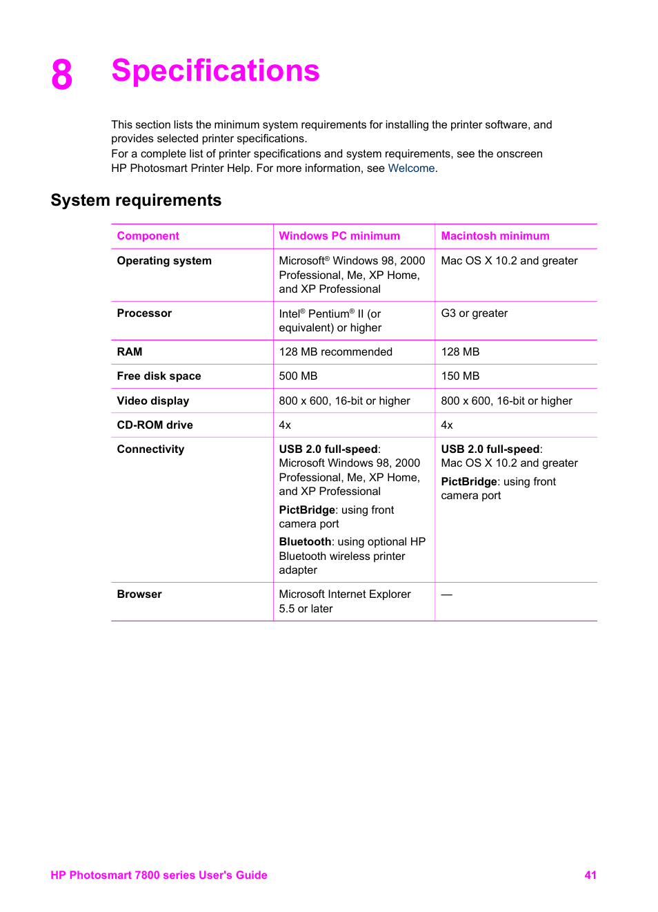 Specifications, System requirements | HP 7800 User Manual | Page 44 / 52